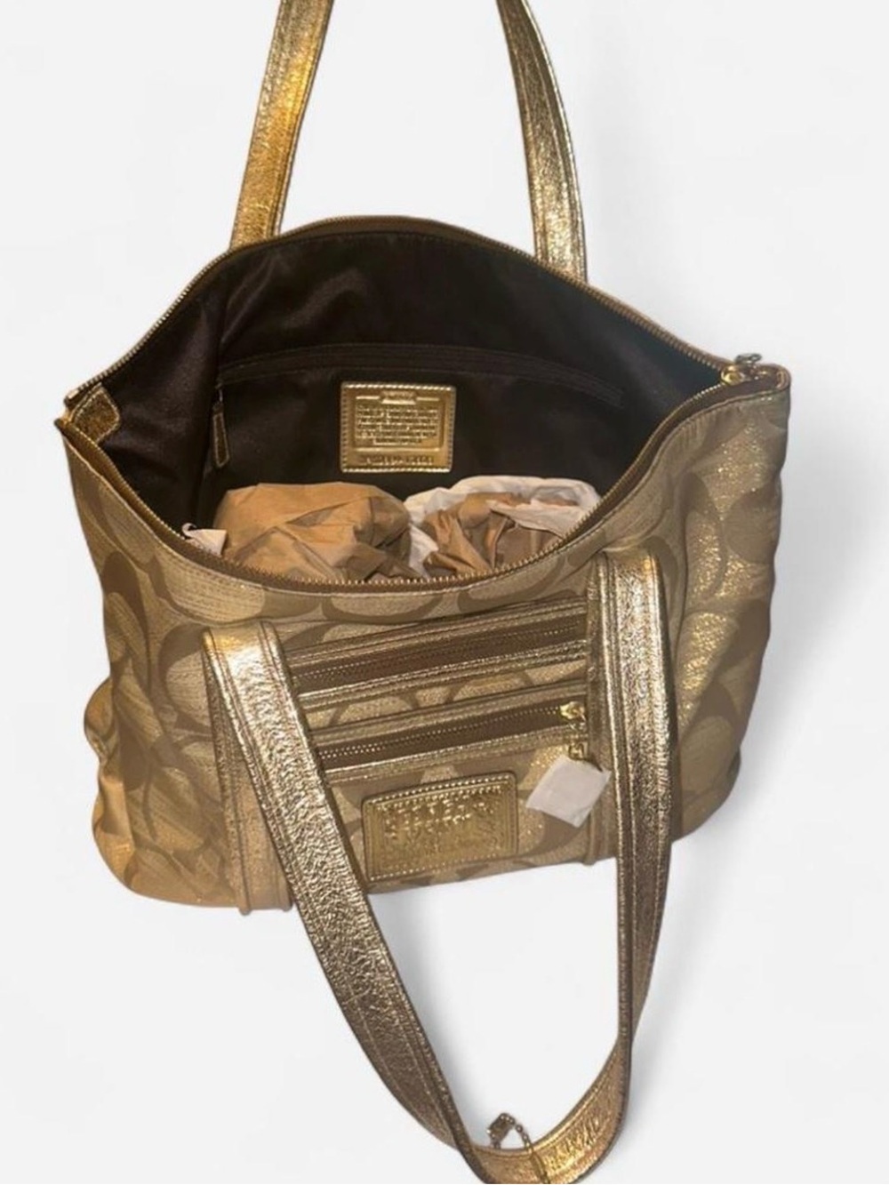 Coach Poppy Gold Signature Tote with Metallic Trim - Picture 6 of 7